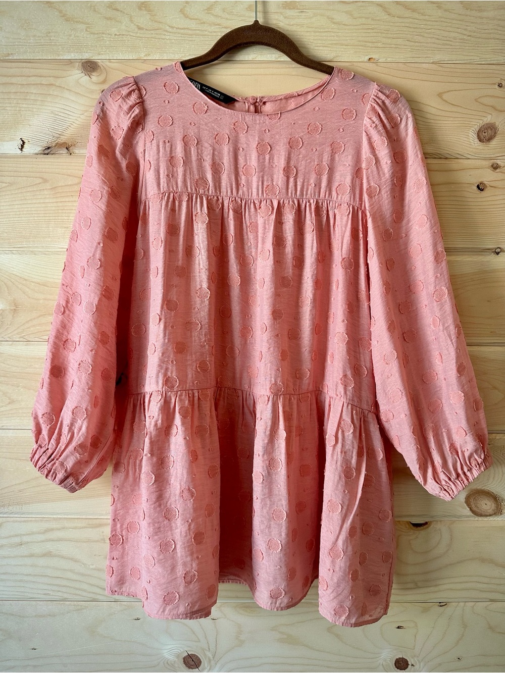 ZARA Coral Textured Dot Ruffle Tiered Babydoll Tunic Top Puff Sleeve S